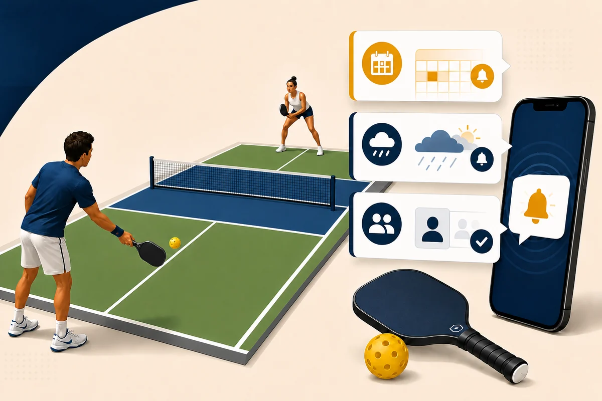 Pickleball players on a correctly marked court beside schedule, weather, player, and mobile alert symbols